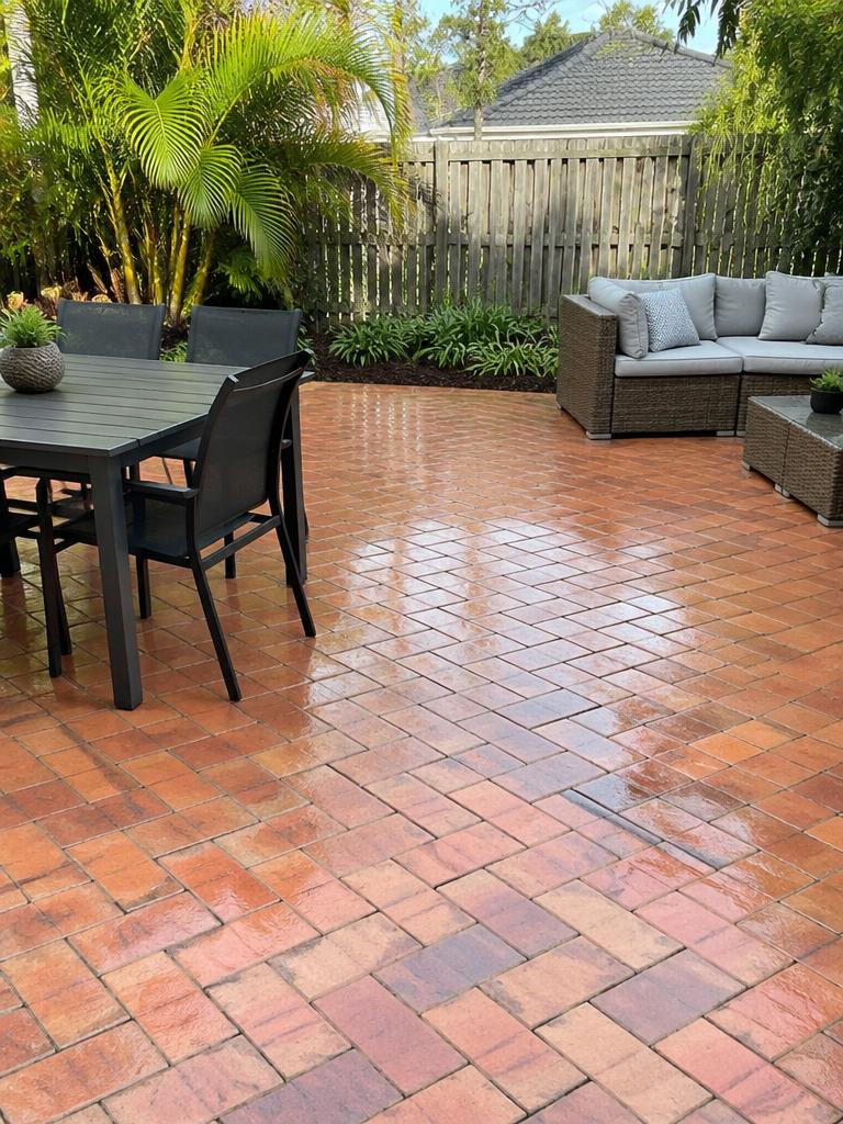 Freshly pressure-cleaned brick patio with outdoor furniture