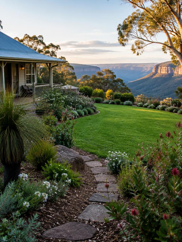 Manicured garden with lush lawn, mulched beds and stone path