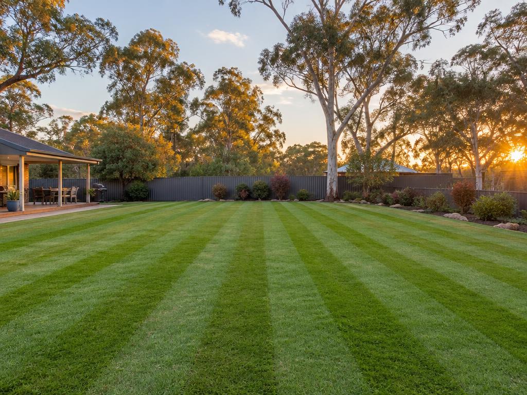 Large lawn with even mowing stripes at golden hour