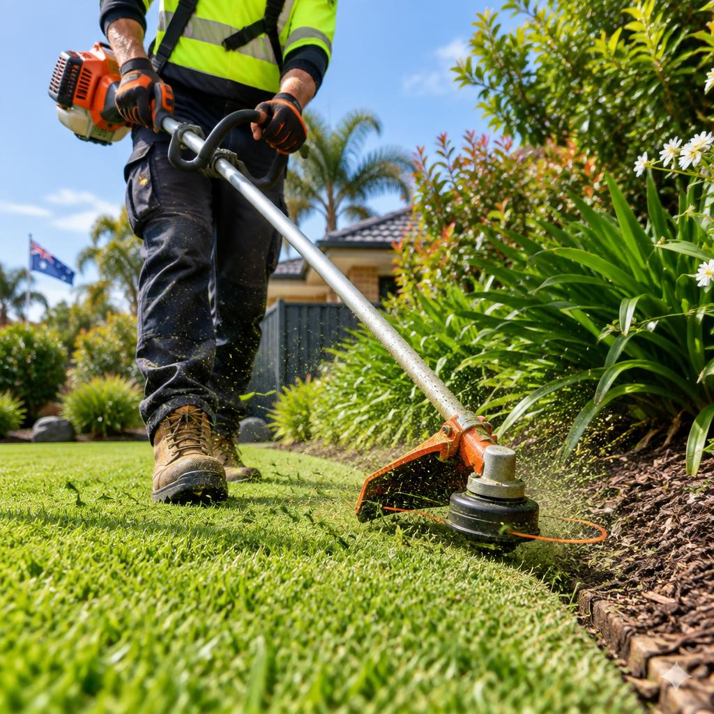 Edging a lawn along a freshly mulched garden bed